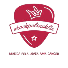 Logotipo del evento solidario 'Rockpelsxuklis', una iniciativa de música para apoyar a jóvenes con cáncer. El diseño muestra una púa de guitarra en color rojo con un símbolo de mano haciendo el gesto de 'cuernos' en la parte superior. Dentro de la púa, aparece el texto '#rockpelsxuklis' en letras cursivas. Debajo de la púa, en letras blancas, se lee 'Música pels joves amb càncer', todo sobre un fondo negro